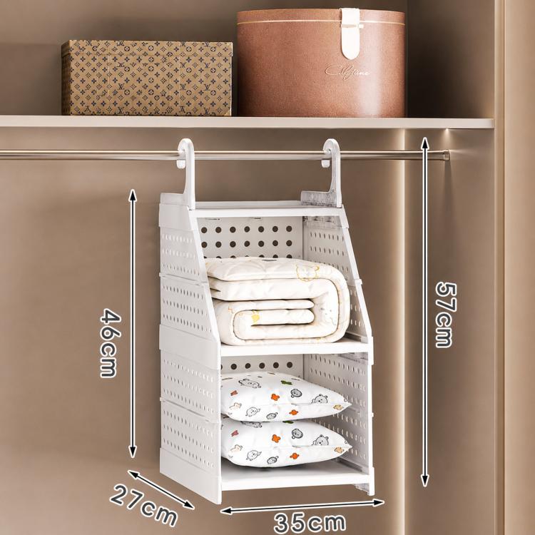2-tier white plastic hanging closet organizer shelves with vented sides and hooks