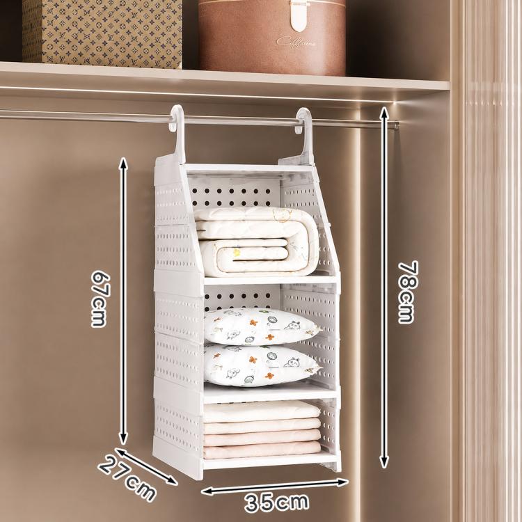 3-tier white plastic hanging closet organizer with vented shelves and hanging hooks