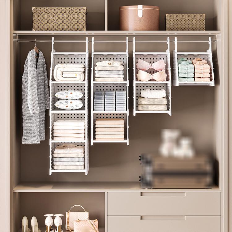Stackable white plastic hanging closet organizer set with multiple baskets and hooks