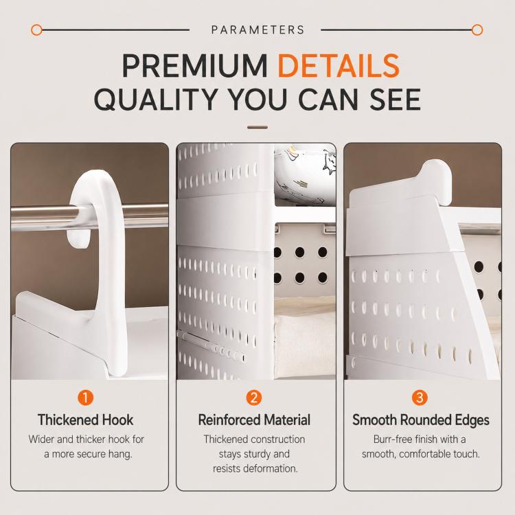 Plastic hanging organizer details: thickened hook, reinforced shelves, smooth rounded edges