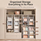 White plastic hanging closet organizer shelves arranged for clothes and small items
