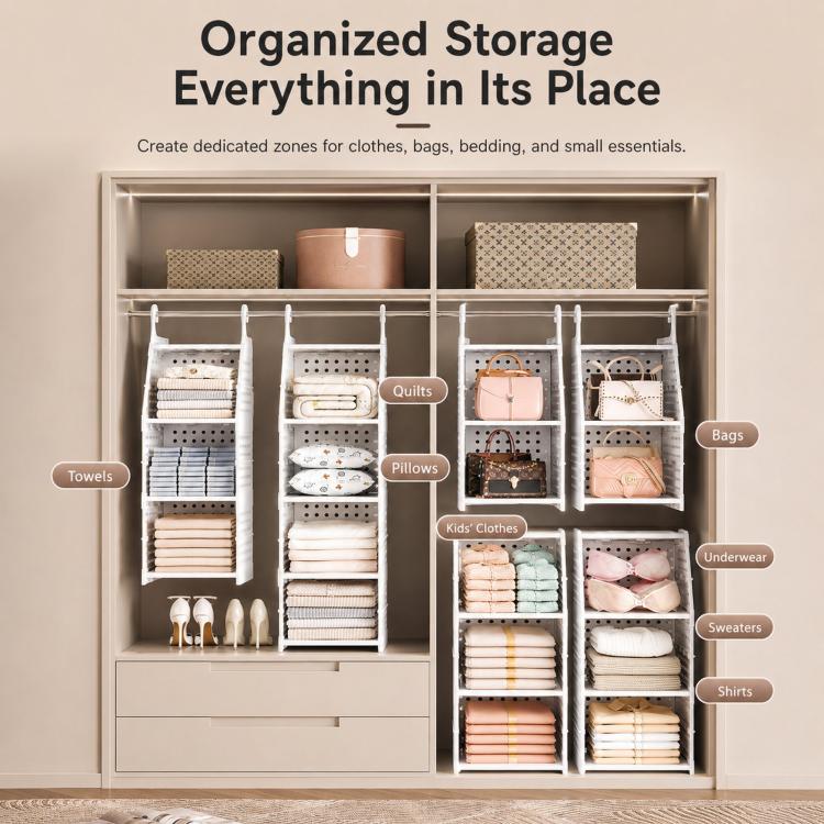 White plastic hanging closet organizer shelves arranged for clothes and small items
