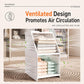 White plastic ventilated hanging closet organizer shelf with perforated sides