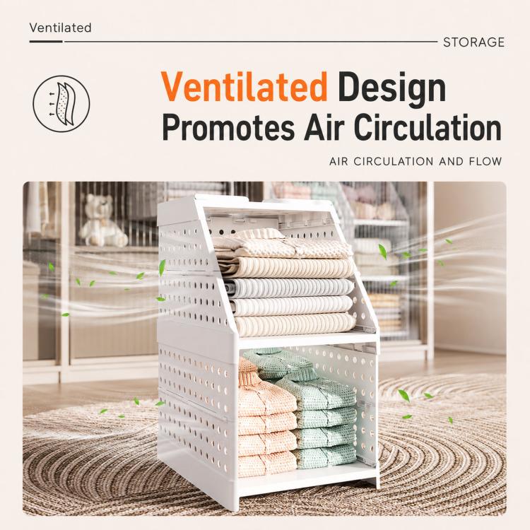 White plastic ventilated hanging closet organizer shelf with perforated sides