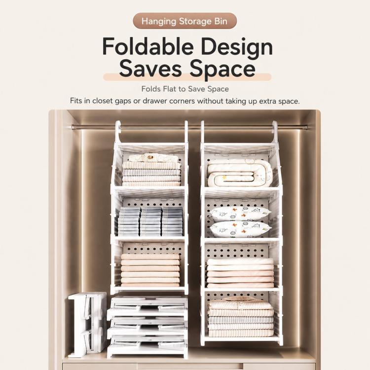 Foldable white plastic hanging storage bin organizer with hanging hooks