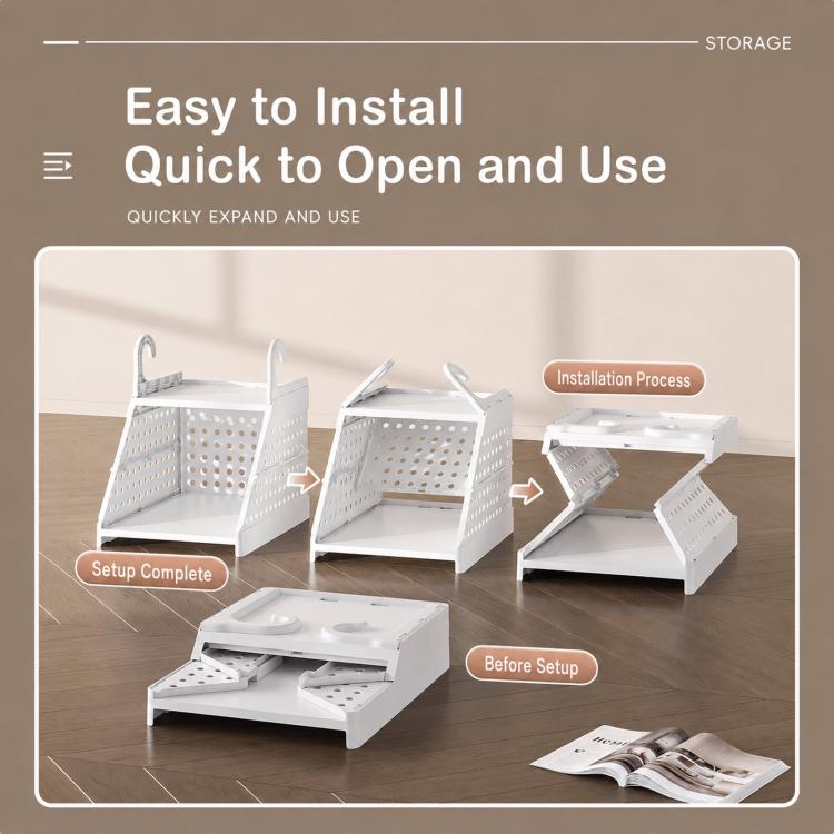 White plastic hanging closet organizer shown with setup pieces before use