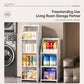 Plastic hanging closet organizer with three-tier white storage baskets and hanging hooks