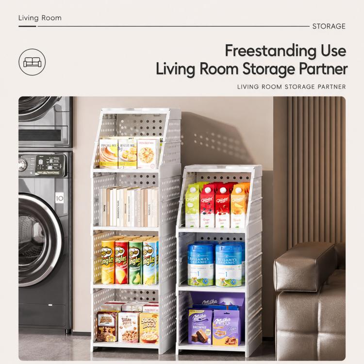 Plastic hanging closet organizer with three-tier white storage baskets and hanging hooks