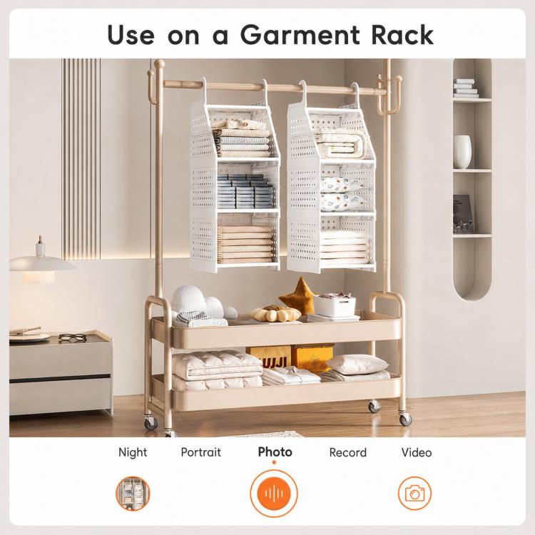 Plastic hanging closet organizer with three white shelves on a garment rack