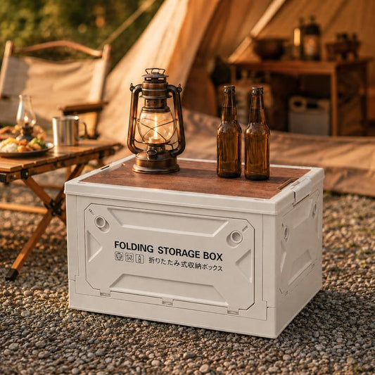 Collapsible Storage Bin with MDF Wooden Lid 5-Door Open Plastic Folding Storage Box Crate for Camping & Car Trunk, 49 x 35 x 29cm, 41 x 29 x 24.5cm