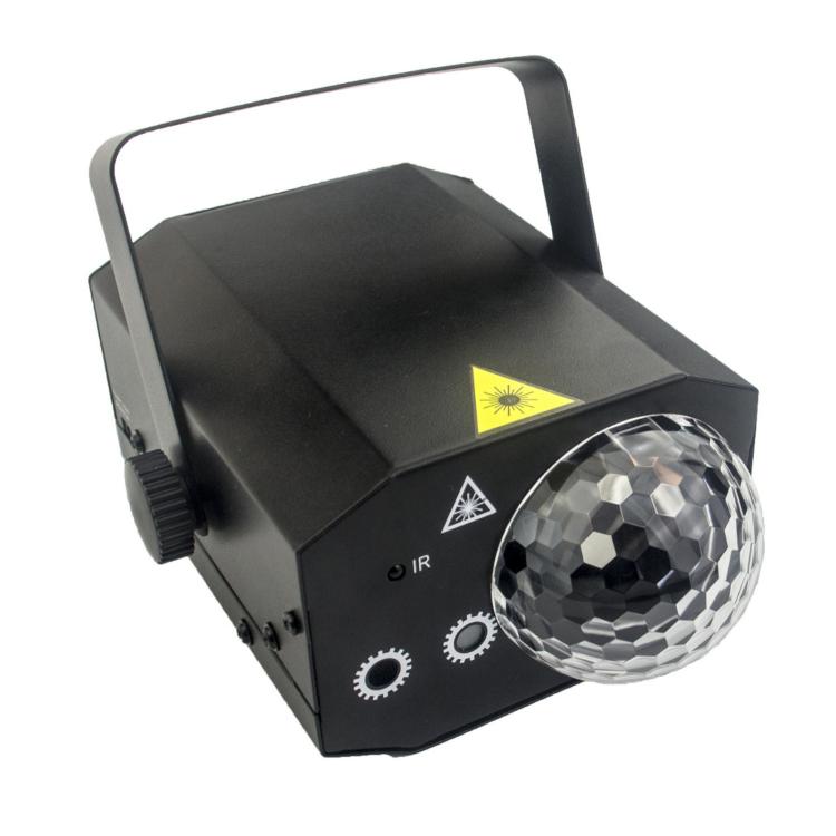 Black LED laser projector with carry handle, control knobs, and disco ball lens