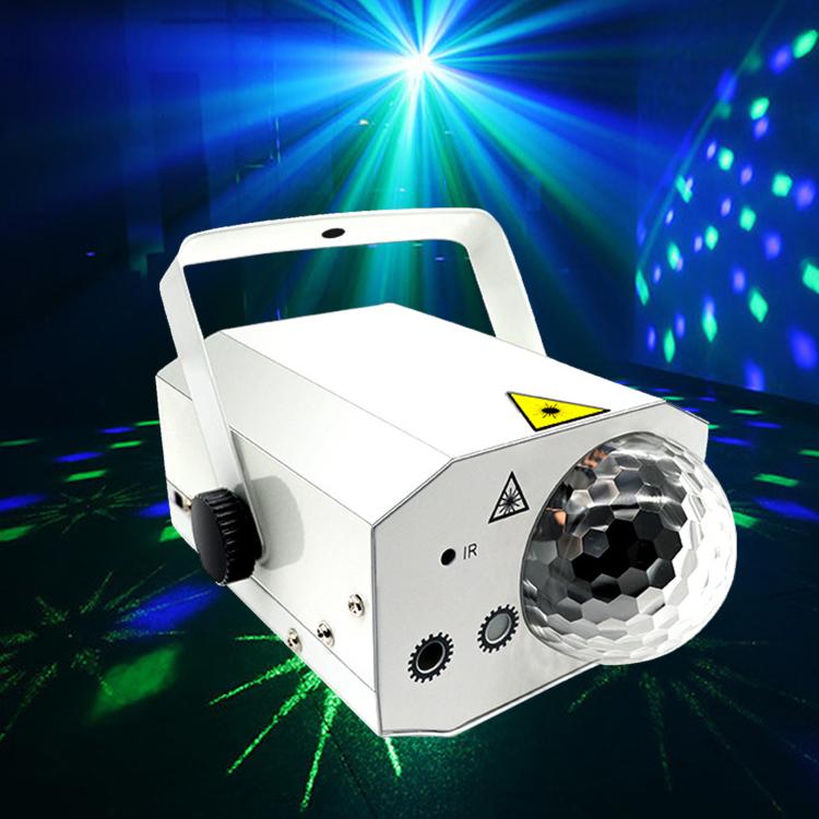 White LED laser projector with carry handle, control knobs, and disco ball lens