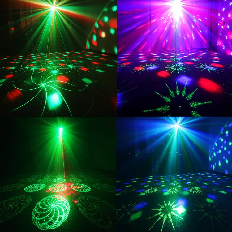 Black laser projector light casting multicolor starburst and circular patterns