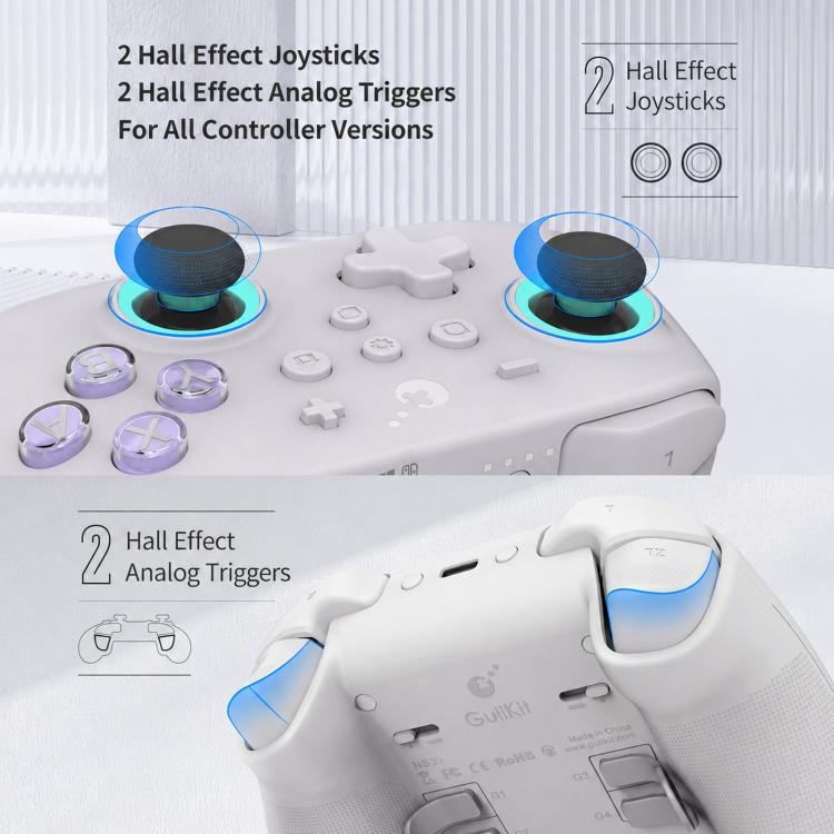 White game controller with blue-lit Hall effect sticks and analog trigger details
