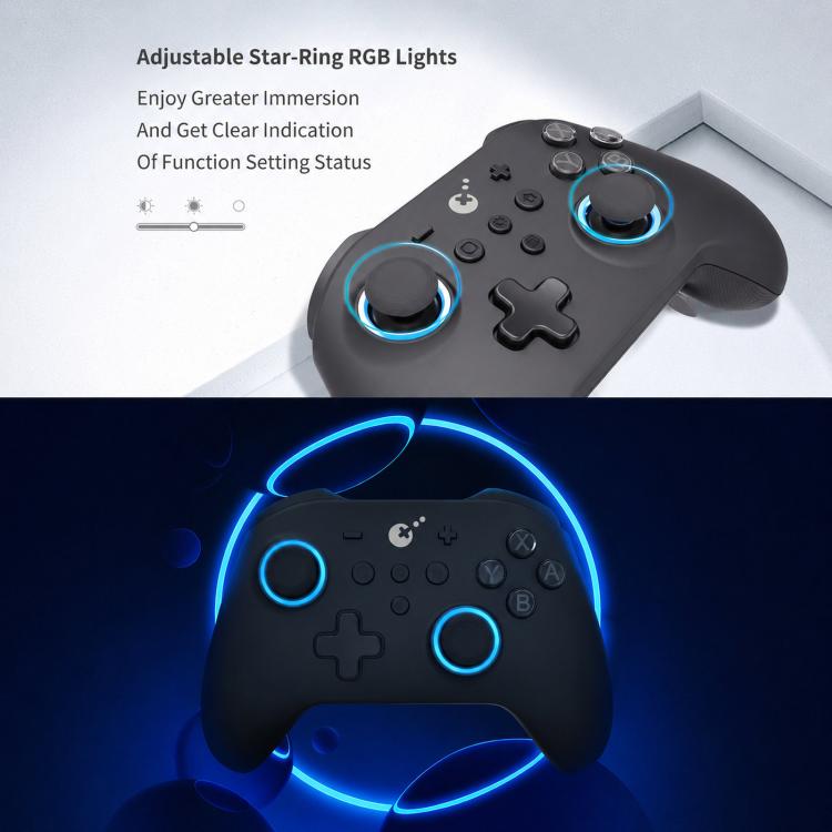 Black game controller with adjustable star-ring RGB lights around thumbsticks
