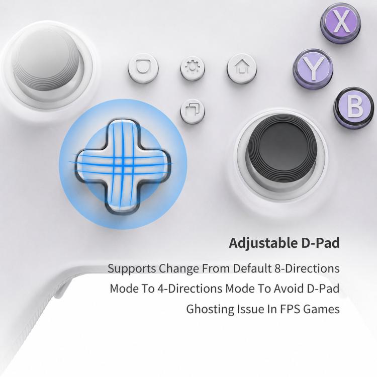White controller close-up showing D-pad and both analog sticks with blue highlights