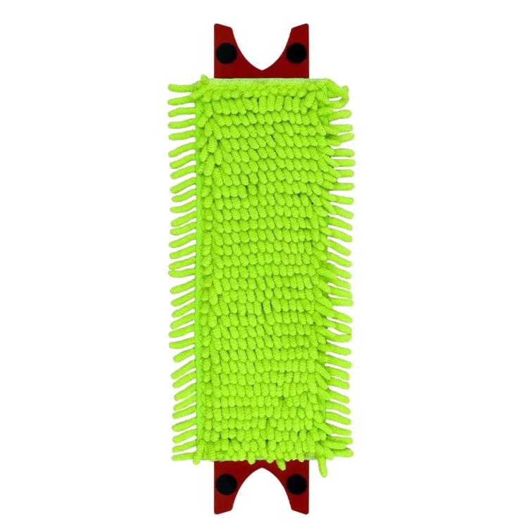 Neon green chenille flat mop refill pad with red mounting clips
