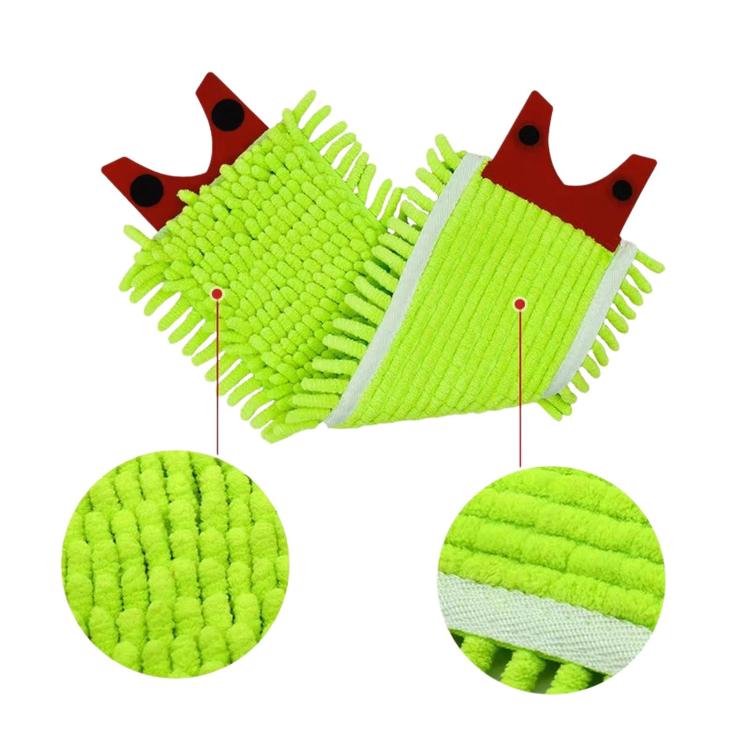 Neon green chenille mop pad refill with red clips and woven backing