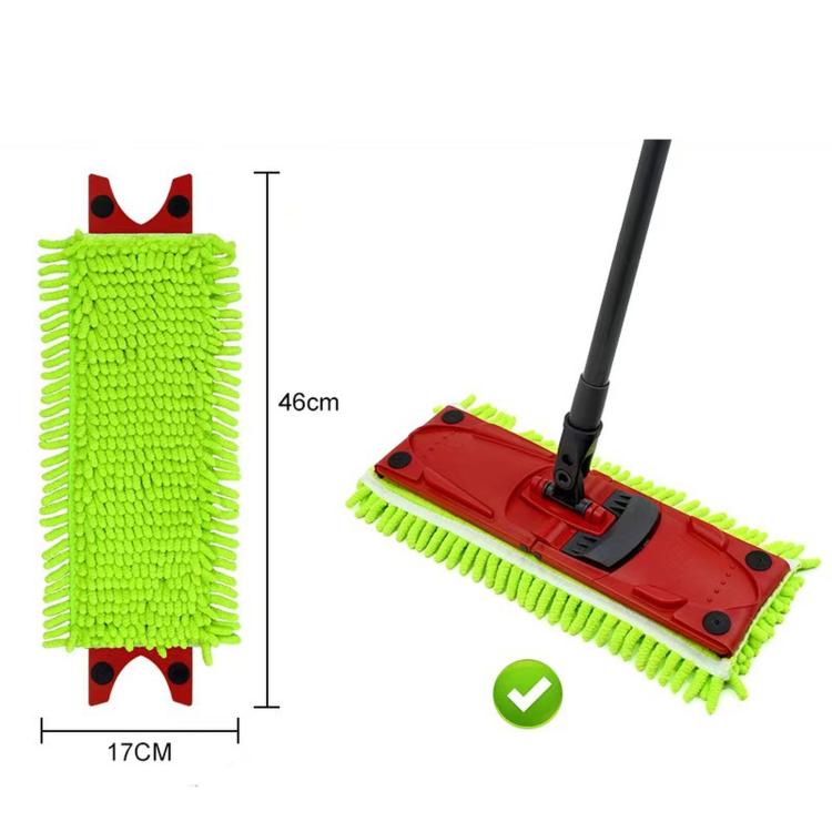 Neon green chenille flat mop refill pad with red clip ends, 17 x 46 cm