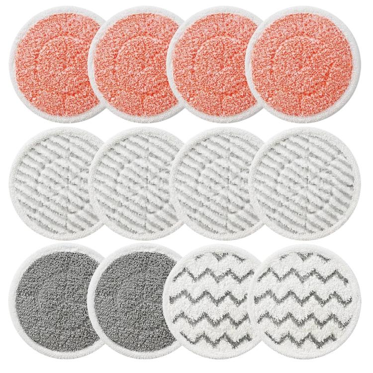 Mixed steam mop pad set: orange, white striped, and gray scrubbing circles