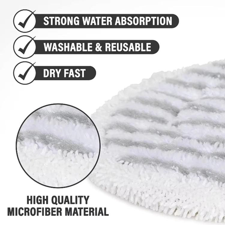 Steam mop pad with white microfiber and gray horizontal stripes