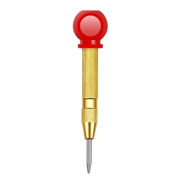 Automatic spring center punch tool with red ring grip, gold textured body, pointed tip