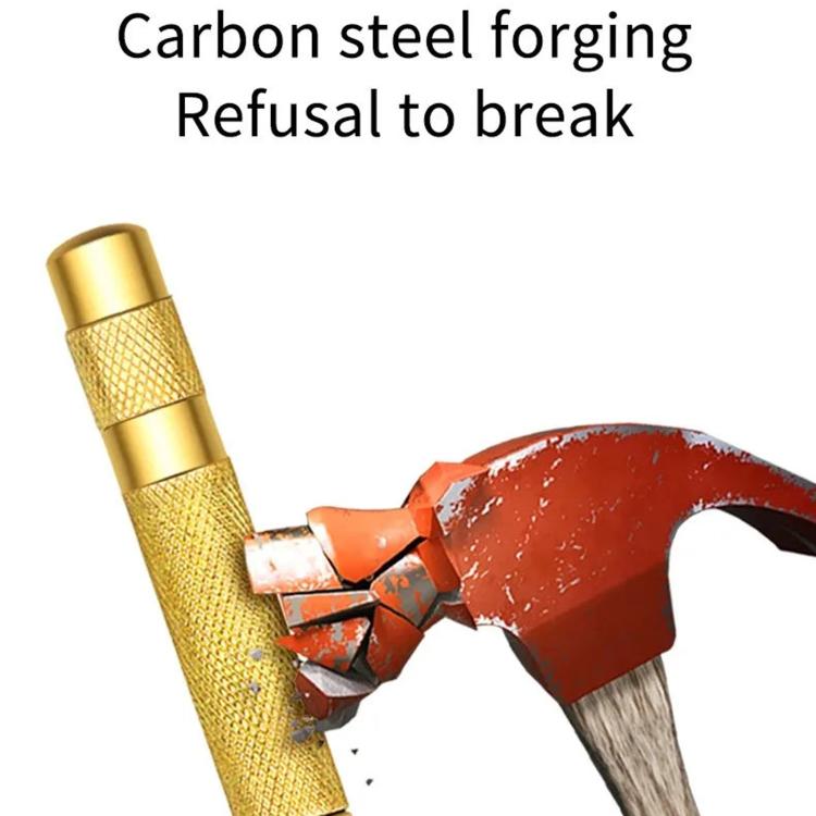 Red-and-gold automatic center punch tool striking a metal surface