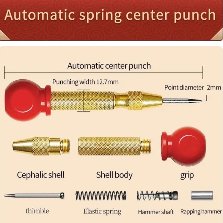 Automatic spring center punch diagram with red grip, gold body, and pointed tip