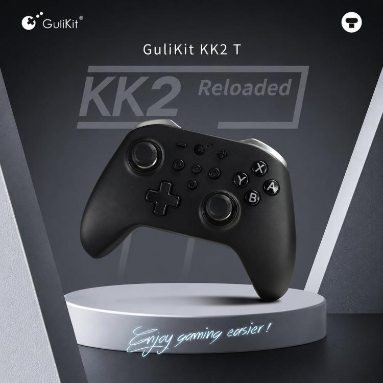 Black wireless game controller on stand with analog sticks and X/Y/A/B face buttons