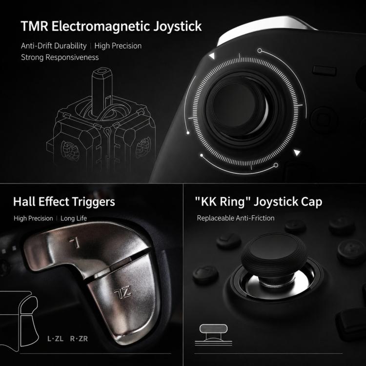 Black game controller with electromagnetic joystick and detailed trigger ring