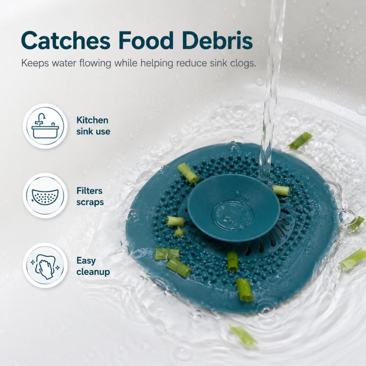 Teal circular drain hair strainer with center cap and spiked filter rim