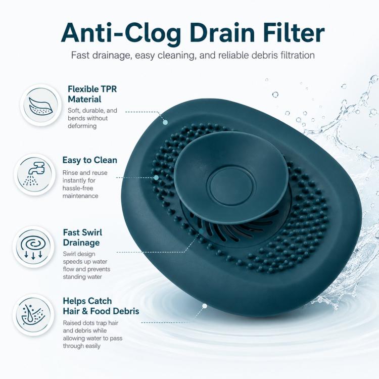 Teal anti-clog drain filter with raised hair catcher dots and flexible cap