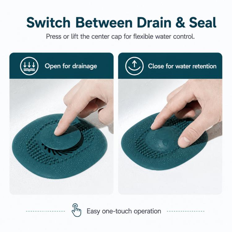 Teal drain cover hair strainer with push center cap for open/close control