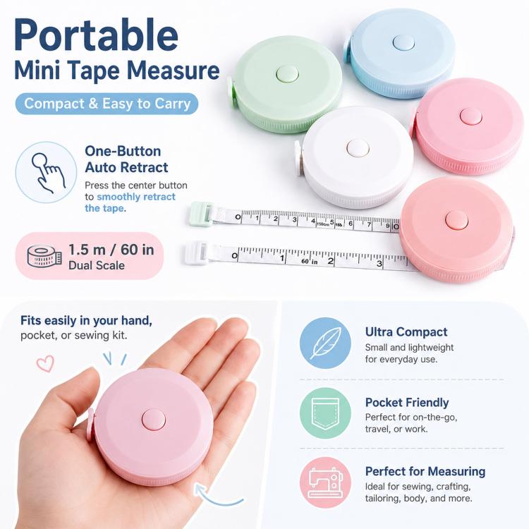 Portable mini retractable tape measures in pastel cases with visible dual-scale tape