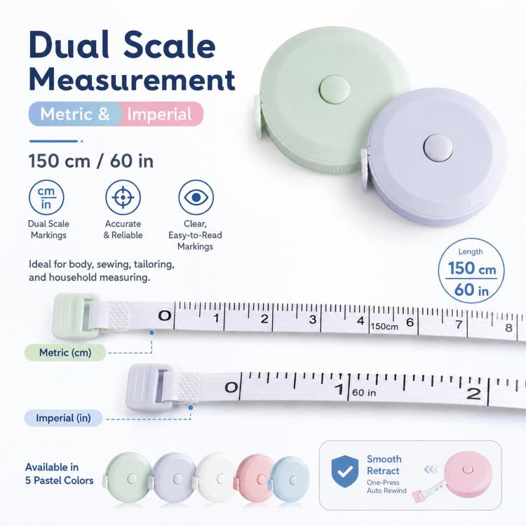 Dual-scale mini tape measure with pastel round housing and dual metric/imperial ruler markings
