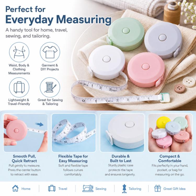 Mini tape measure set with pastel round reels and dual-scale tape, compact for hand sewing