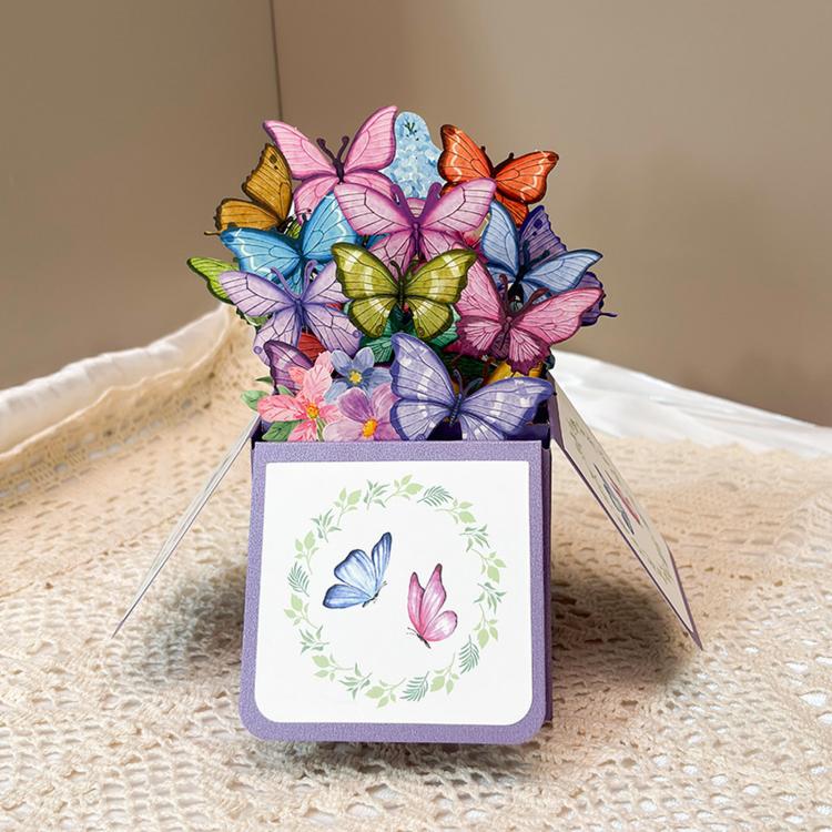 3D pop-up butterfly card with purple box, blue and pink butterfly front mini panel