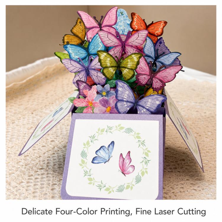 3D pop-up butterfly greeting card with purple base and raised multicolor butterflies