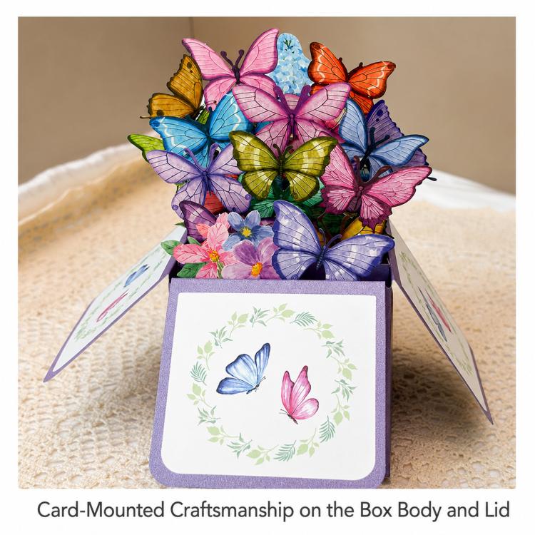 3D pop-up butterfly greeting card with purple box, front panel shows two butterflies
