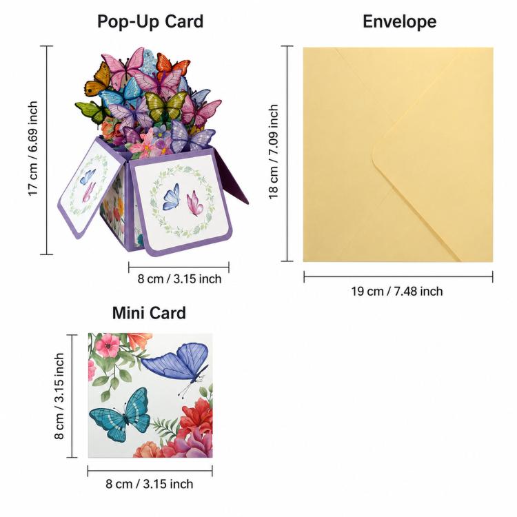 Size diagram for pop-up butterfly card set: card, envelope, mini card dimensions