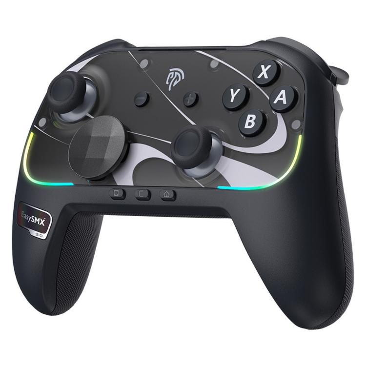 Black wireless game controller with ABXY buttons, twin analog sticks, and light accents