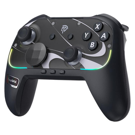 Black wireless game controller with ABXY buttons, twin analog sticks, and light accents