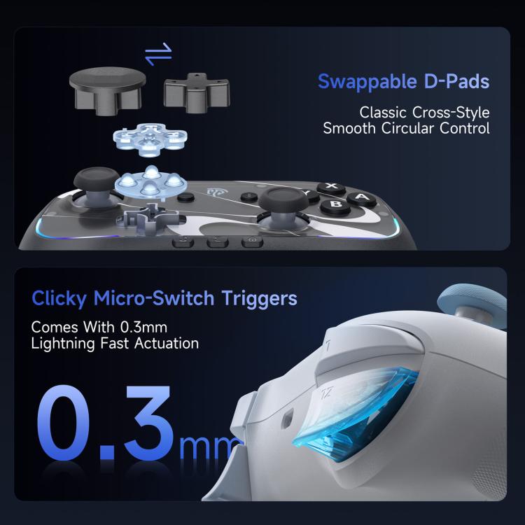 Wireless game controller showing swappable D-pad pieces and clicky trigger buttons