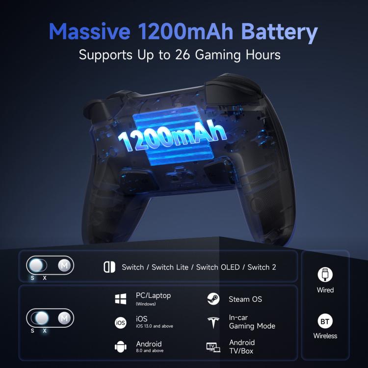 Wireless game controller with illuminated blue battery graphic on the back