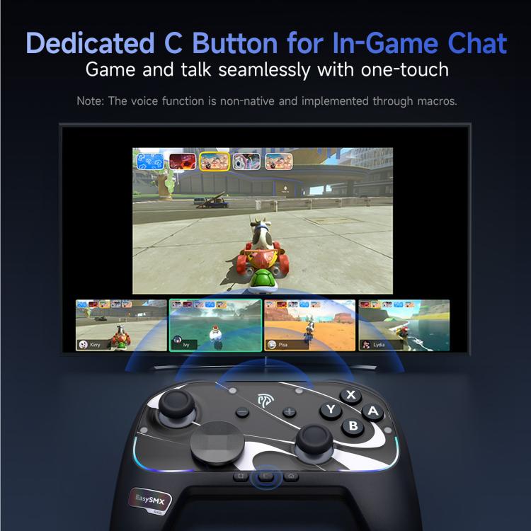 Wireless game controller with on-screen chat-style layout shown on a tablet