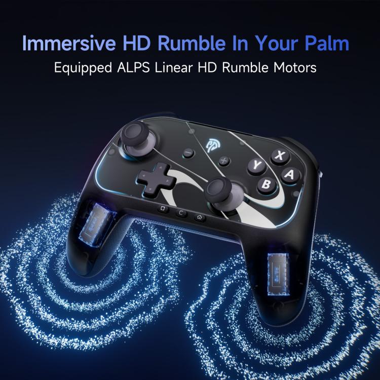 Black wireless game controller with glowing LED accents and stylized rumble effects