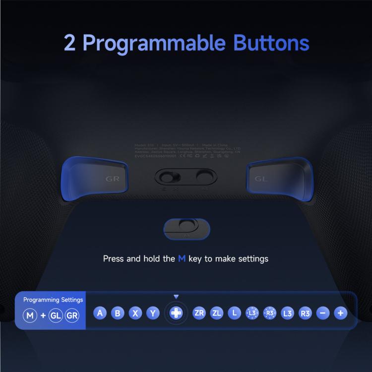 Wireless controller back view with two programmable grip buttons and central indicator