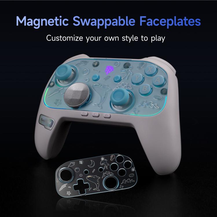 Wireless controller with swappable faceplates: blue panel and detachable base plate