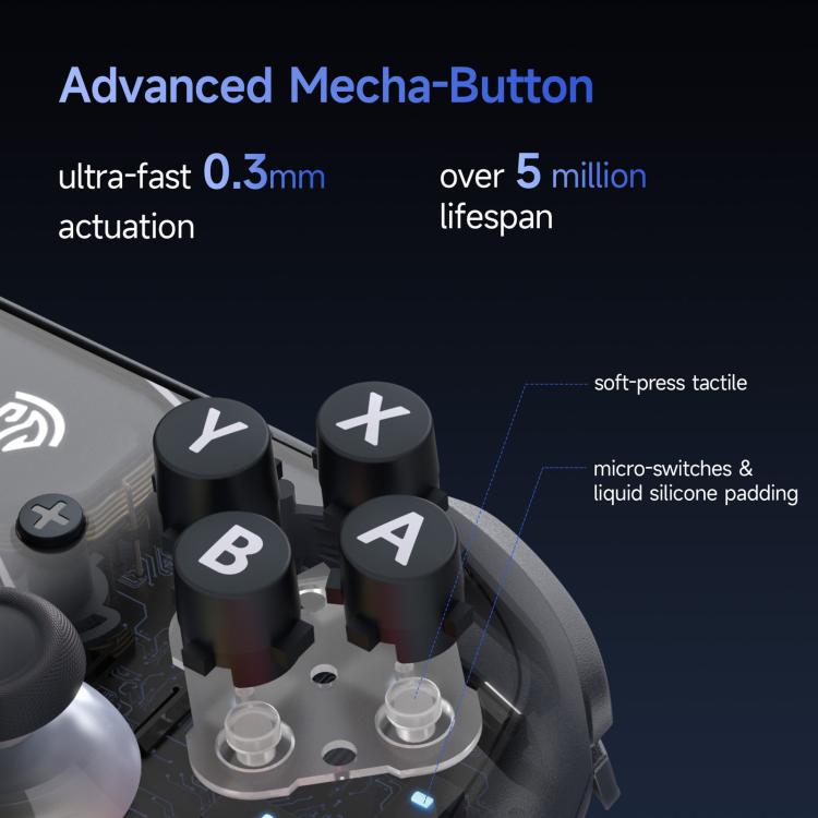 Black wireless game controller with ABXY buttons and D-pad on top surface