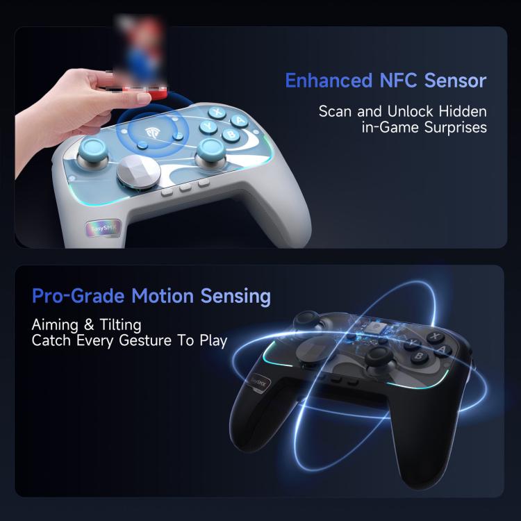 Light blue and white wireless game controller with analog sticks and action buttons